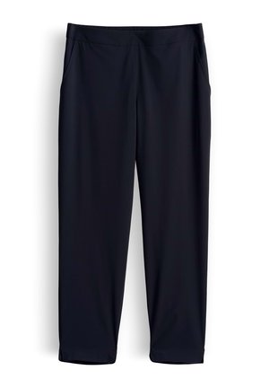 Pantaloni neri a gamba dritta con vita elastica e tasche laterali, adatti per un uso casual o formale.