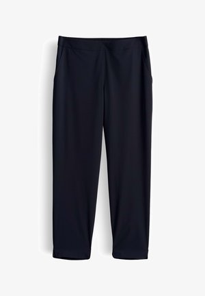 Pantaloni neri a gamba dritta con vita elastica e tasche laterali, adatti per un uso casual o formale.