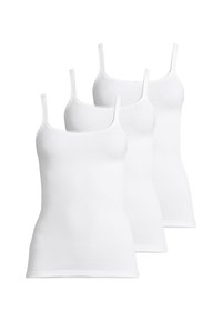 Tre canottiere bianche in cotone con spalline sottili, design aderente e una superficie liscia. Collo rotondo standard e bordi rifiniti.