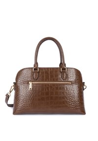 Sac à main en cuir embossé croco marron avec doubles poignées, poche zippée à l'avant et bandoulière amovible. Accents en métal doré.
