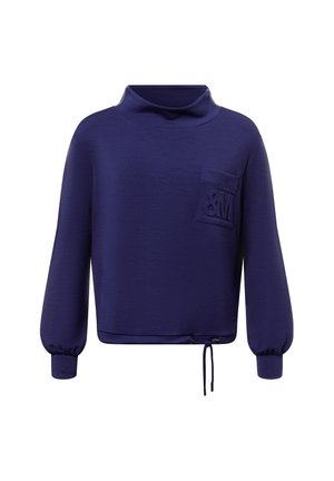 Dunkelblauer Sweatshirt mit Stehkragen, langen Ballonärmeln, einer Fronttasche mit einem hervorgehobenen „&M“-Logo und einem verstellbaren Saumzugband.