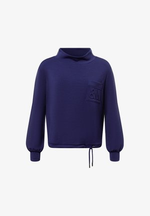 Dunkelblauer Sweatshirt mit Stehkragen, langen Ballonärmeln, einer Fronttasche mit einem hervorgehobenen „&M“-Logo und einem verstellbaren Saumzugband.