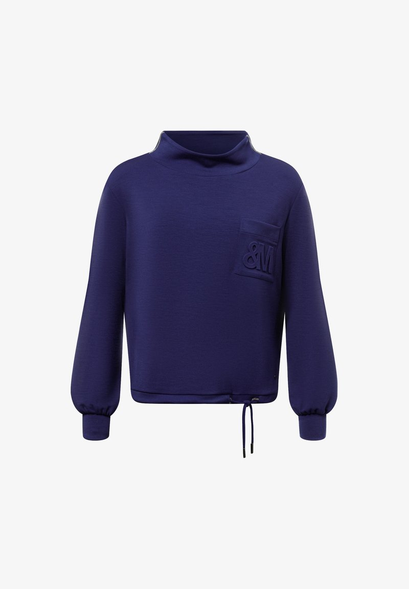 Navy blue sweatshirt with a funnel neck, long balloon sleeves, front pocket featuring a raised "&M" logo, and adjustable hem drawstring.