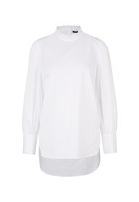 Blusa bianca a maniche lunghe con colletto alto volants e maniche arricciate. Presenta un retro leggermente più lungo e un tessuto morbido e leggero.