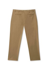 Pantalones caqui con una textura suave, corte recto y cuatro bolsillos. Presentan una cintura cosida y detalles en el bolsillo trasero.