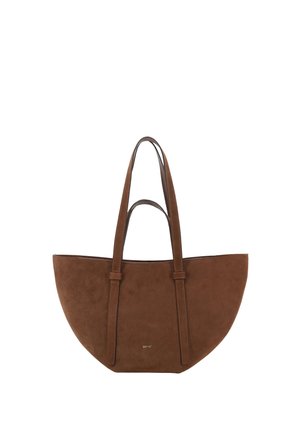 Brown suede half-moon shaped tote bag with two long shoulder straps and a smaller handle in the middle.