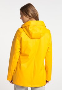 Cappotto impermeabile giallo con cappuccio, caratterizzato da una finitura liscia e lucida. Vestibilità su misura con un taglio dritto e dettagli di design minimalisti.