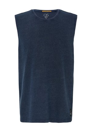 Marineblaue ärmellose Bluse aus strukturiertem Stoff, mit Rundhalsausschnitt und einem kleinen Etikett an der unteren Seite.