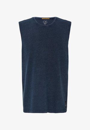 Meriharmaa, ilman hihoja oleva paita, joka on valmistettu teksturoidusta kankaasta. Siinä on pyöreä pääntie ja pieni etiketti yksityiskohtana alhaalla.