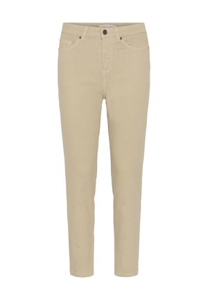 Pantalon beige à jambes droites avec bouton et fermeture éclair à l'avant, passants pour ceinture, et poches avant et arrière, présenté de face.