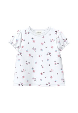 Weißes kurzärmeliges Kleinkindshirt mit kleinem rosa und blauem Blumenmuster und Puffärmeln.