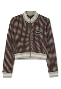 Hnedá skrátená bunda s mriežkovým vzorom, predným zipsom, rebrovanými manžetami a golierom v kontrastnej béžovej farbe, s vyšitým logom.