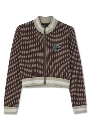 Braune, kurze Jacke mit Karomuster, Frontreißverschluss, gerippten Bündchen und Kragen in kontrastierendem Beige, mit einem gestickten Logo.