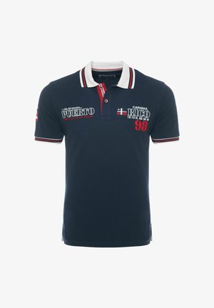 Tmavomodré polokošeľa s bielym golierom a červenými pruhmi, s nápisom "Puerto Rico" a výšivkou vlajky na hrudi a rukáve.