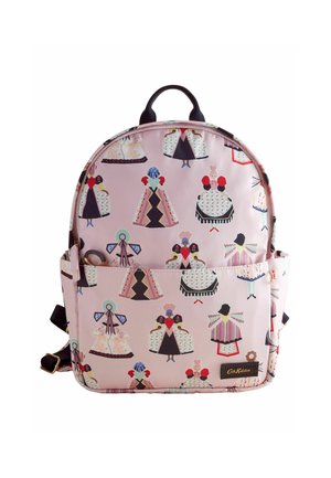 Pink fabric backpack featuring a repeating pattern of stylized dresses, rounded shape, dual shoulder straps, and front pocket with a label.