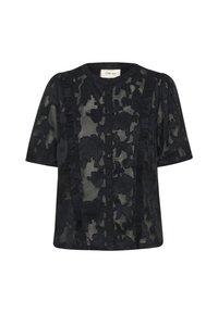 Blusa nera trasparente con maniche corte, motivo in pizzo floreale, scollatura tonda e chiusura con bottoni nella parte anteriore. Dettagli arricciati lungo i bordi.