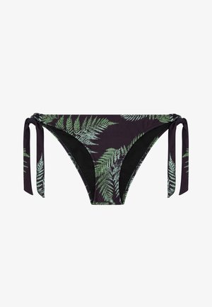 Schwarze Bikinihosen mit grünem Farnblattmuster und seitlichen Knoten auf weißem Hintergrund.