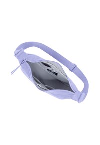 Borsa a tracolla in tessuto lilla con strap regolabile, chiusura con zip e fodera grigia. Presenta tasche organizzative interne per gli oggetti.