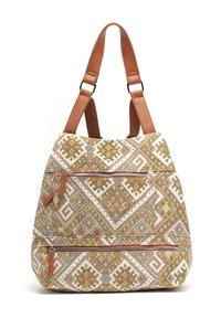 Velká taška přes rameno z texturované béžové látky s geometrickými vzory v růžové, modré a hnědé barvě. Hnědé kožené popruhy a zipy.