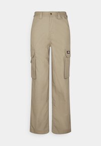 Beige cargobroek gemaakt van duurzame stof, met een relaxte pasvorm, meerdere zijzakken en een elastische tailleband met knoopsluiting.