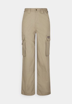 Beige cargo bukser lavet af slidstærkt stof, med en afslappet pasform, flere sidelommer og et elastisk liv med knaplukning.