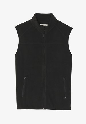 Black fleece vest with a high collar, front zipper, and two side zip pockets. Features streamlined design and soft texture.