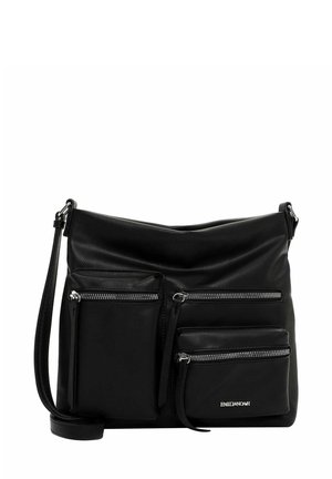 Black leather crossbody bag featuring multiple zippered pockets on the front, a smooth texture, and an adjustable strap.