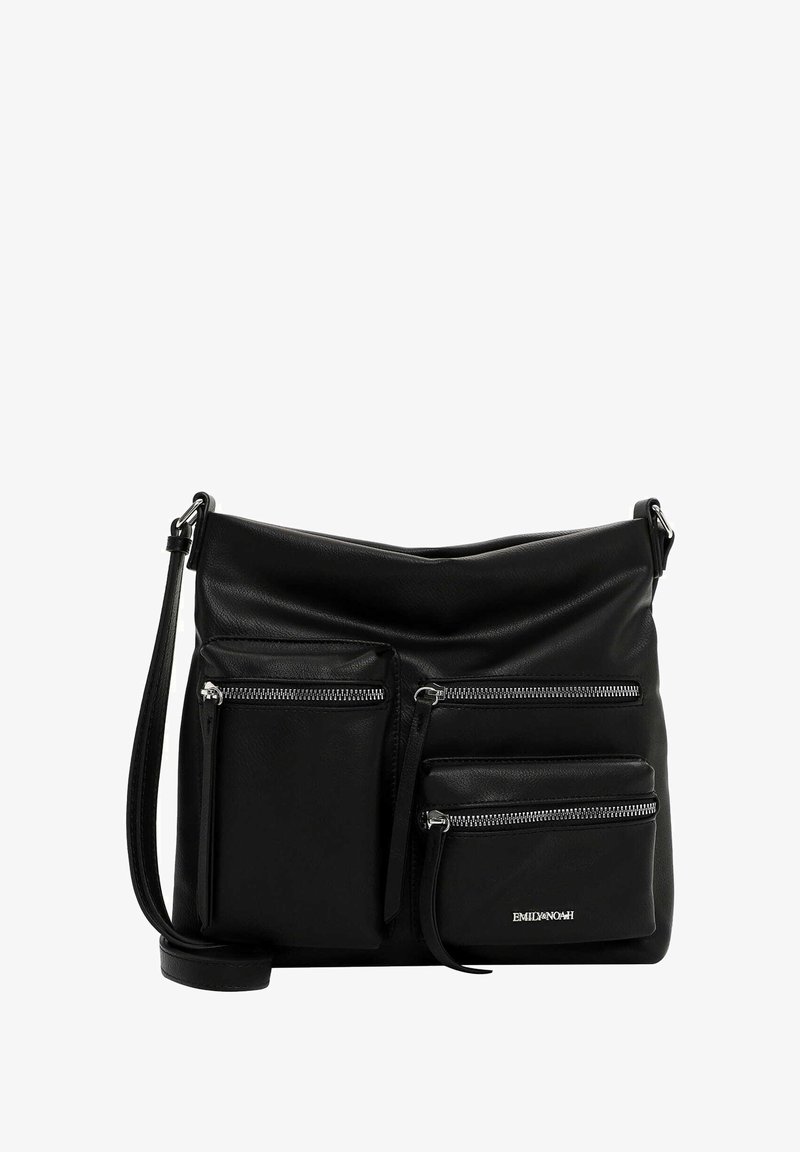 Czarna skórzana torebka na ramię z wieloma zamkami błyskawicznymi z przodu, gładką fakturą i regulowanym paskiem.