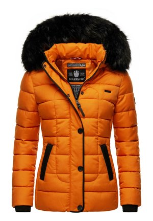Orange puffer jacket with a black faux fur hood, black accents, quilted texture, front button closure, and two side pockets.