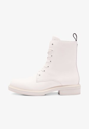 White leather lace-up ankle boot with round toe, low block heel, and black pull tab on the back.