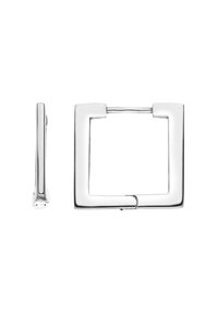 Silberne rechteckige Gürtelschnalle mit glänzender Oberfläche und gebogenem Verschluss. Begleitet von einer passenden rechteckigen Nadel, ebenfalls aus Silber.