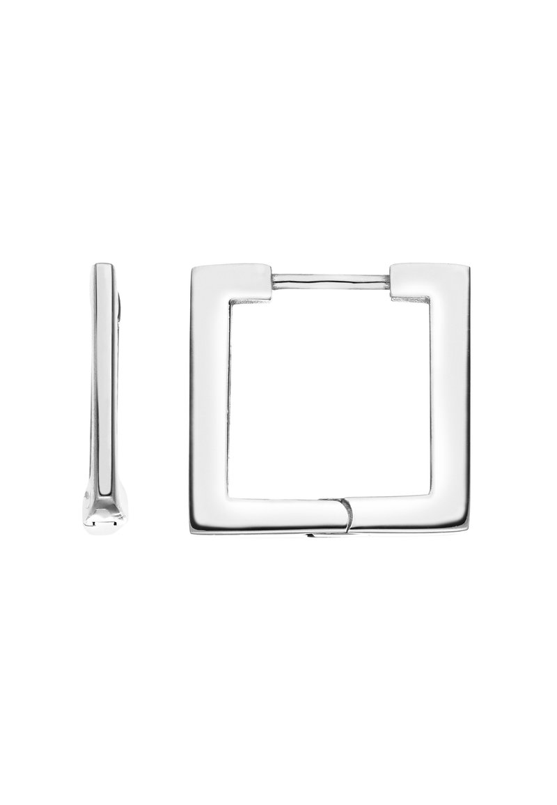 Silberne rechteckige Gürtelschnalle mit glänzender Oberfläche und gebogenem Verschluss. Begleitet von einer passenden rechteckigen Nadel, ebenfalls aus Silber.