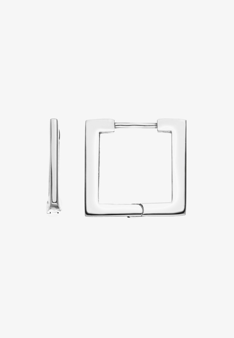 Silberne rechteckige Gürtelschnalle mit glänzender Oberfläche und gebogenem Verschluss. Begleitet von einer passenden rechteckigen Nadel, ebenfalls aus Silber.