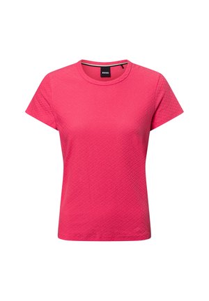Kurze Ärmel rosa strukturierte Damen T-Shirt mit Rundhalsausschnitt, taillierter Schnitt und subtilen geometrischen Muster, mit BOSS-Label am Kragen.
