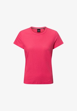 Korte mouwen roze textuur vrouwen T-shirt met ronde hals, aansluitende snit en subtiel geometrisch patroon, gelabeld BOSS bij de kraag.