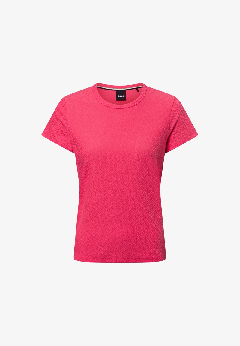 Korte mouwen roze textuur vrouwen T-shirt met ronde hals, aansluitende snit en subtiel geometrisch patroon, gelabeld BOSS bij de kraag.
