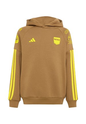 Brun hættetrøje med gule Adidas-striber på ærmerne og Fortnite- og Adidas-logoer på bryst og skuldre.
