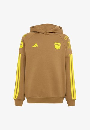 Brun hættetrøje med gule Adidas-striber på ærmerne og Fortnite- og Adidas-logoer på bryst og skuldre.
