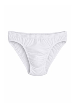 Slip da uomo bianchi con cintura elastica, tessuto liscio e design semplice e classico, mostrati su uno sfondo bianco puro.