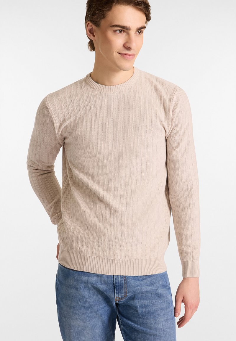 Beige gestrickter Pullover mit langen Ärmeln, Rundhalsausschnitt und geripptem Muster. Verfügt über einen körperbetonten Bund und wird mit blauen Jeans getragen.