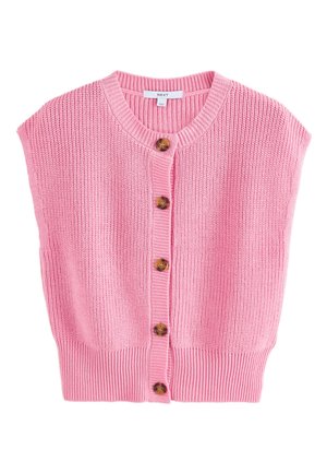 Roze gebreid mouwloos vest met ronde hals en vijf bruine knopen aan de voorkant, geribde zoom en knopenbies.