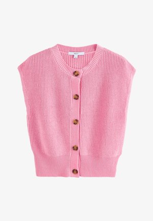 Roze gebreid mouwloos vest met ronde hals en vijf bruine knopen aan de voorkant, geribde zoom en knopenbies.
