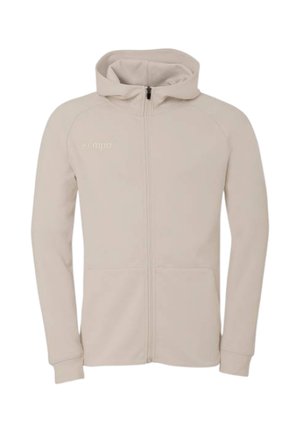 Sweat à capuche beige zippé avec manches longues, capuche, poches avant et petit logo sur le côté gauche de la poitrine.