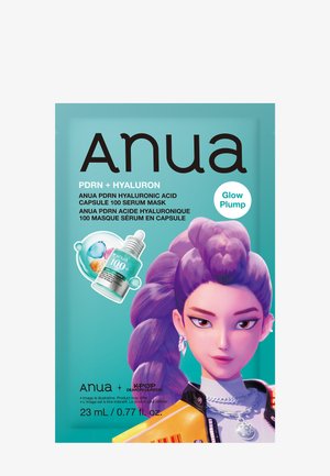 Serummaskeemballage med lilla-håret animeret kvinde, illustration af hyaluronsyreampul og tekst, der fremhæver glød- og fyldeeffekter.