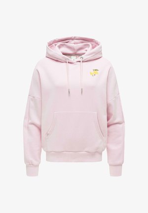 Jasnoróżowa bluza z kapturem, z kieszenią z przodu, sznurkiem do regulacji kaptura oraz małą grafiką cytryny na lewej piersi.