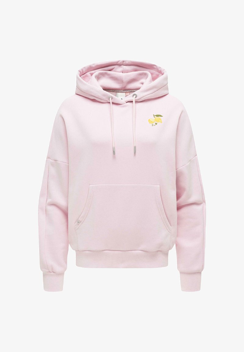 Lys rosa hettegenser med frontlomme, snøring i hetten og en liten sitrondesign på venstre bryst.