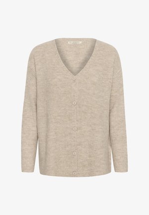 Beige gestrickte Strickjacke mit V-Ausschnitt, langen Ärmeln und sechs Knöpfen auf der Vorderseite. Weiche Textur und Rippmuster im gesamten Design.