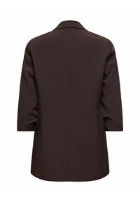 Smeđi oversized blejzer s izrezanim reverima, dva bočna džepa i glatkom teksturom. Ima čist, minimalistički dizajn leđa.