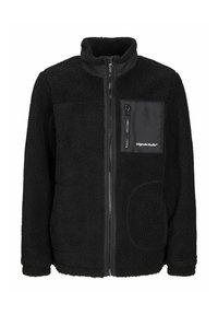 Svart fleecejacka med hög krage, dragkedja fram, två sidofickor och en bröstficka som har en kontrasterande svart panel med branding.