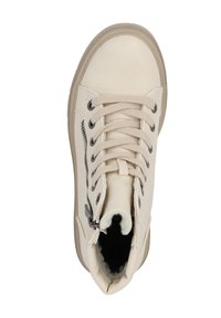 Höga sneakers i krämfärgad läder med metalögon, platta snören, sidodragkedja och ett mjukt, texturerat inre. Rund tådesign.